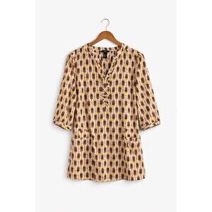 H&M Boho Printed Tunic Top Women’s 6 Geometric Button 3/4 Sleeve Pockets
